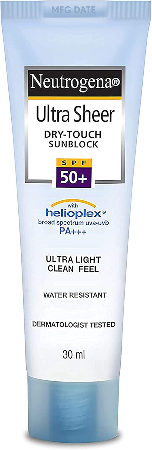 Neutrogena Ultra Sheer Sunscreen SPF 50+ | Broad Spectrum UVA/UVB | Blue light protect | No White Cast | Water resistant Ultra light & Non sticky | Oily, Dry & Sensitive Skin | 30 g (Pack of 1)
