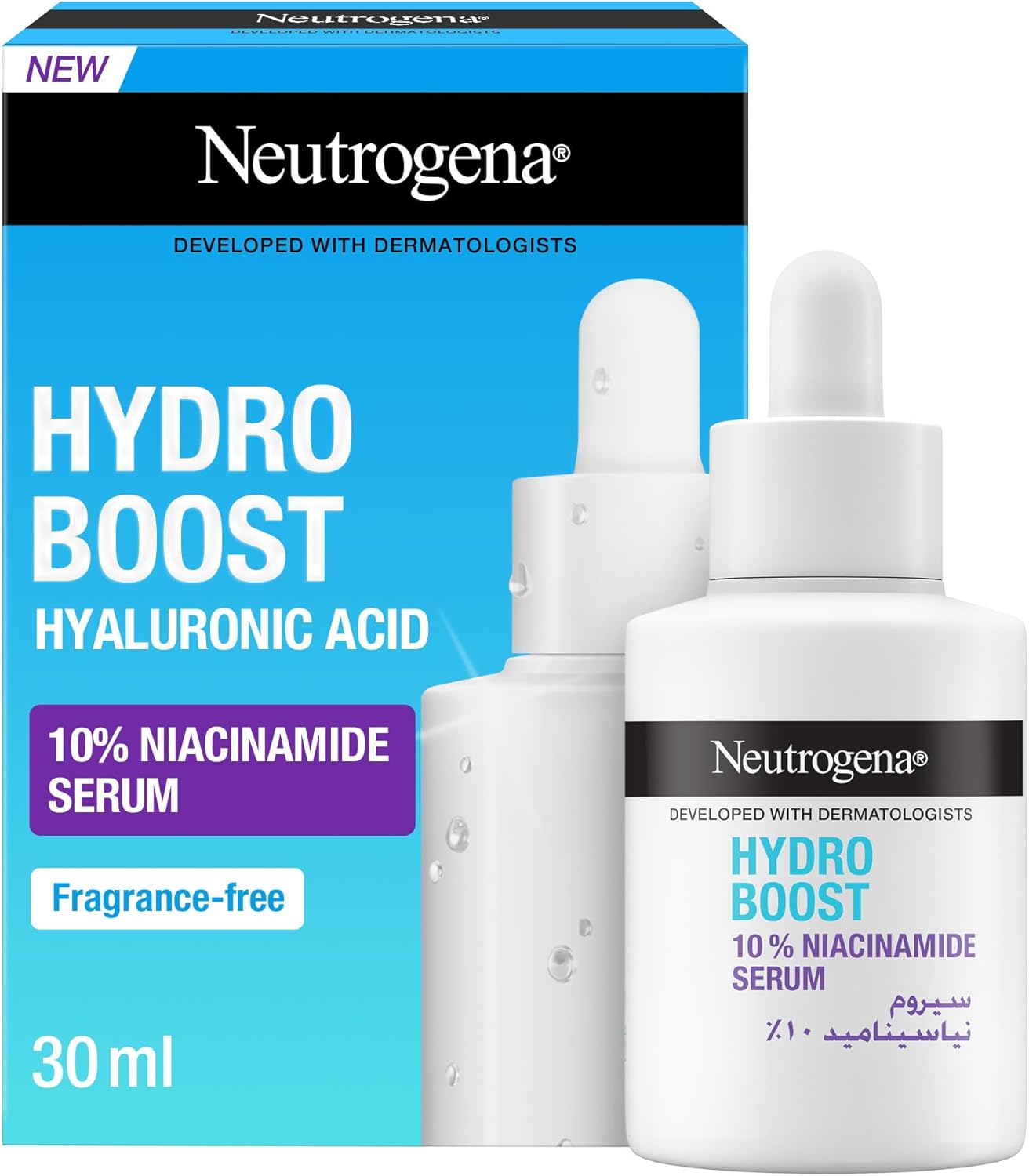 Neutrogena Hydro Boost 10% Niacinamide Face Serum, with Hyaluronic Acid, Visibly Brightens & Minimizes Pores in 4 Weeks, Hydrates in Just 1 Use, Fragrance Free, for All Skin Types, 30ml